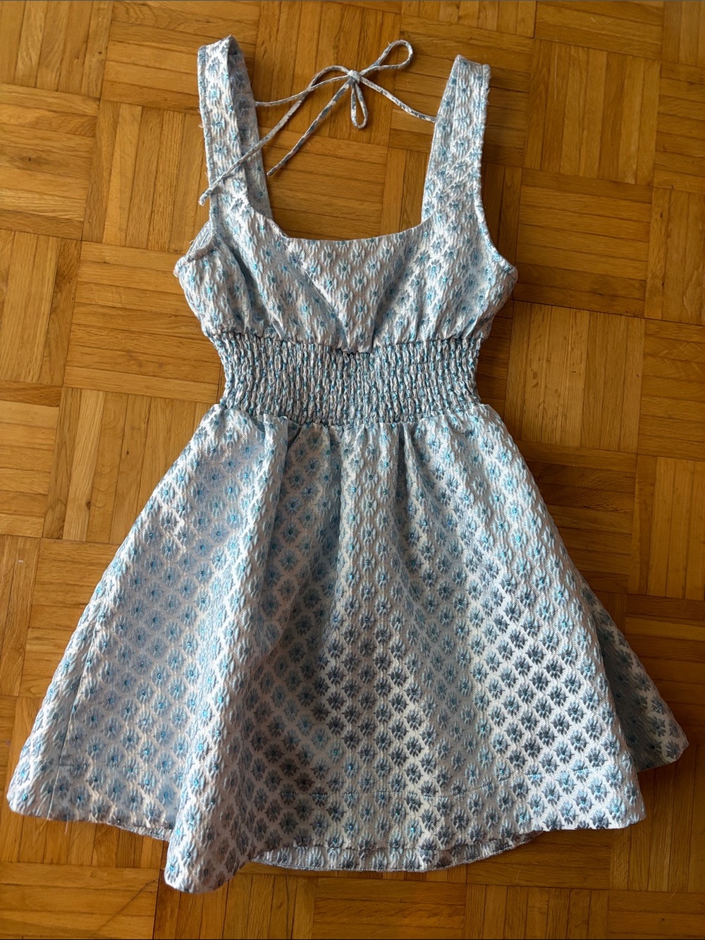 Hill House Blue Patterned Cutout Smocked Mini Dress